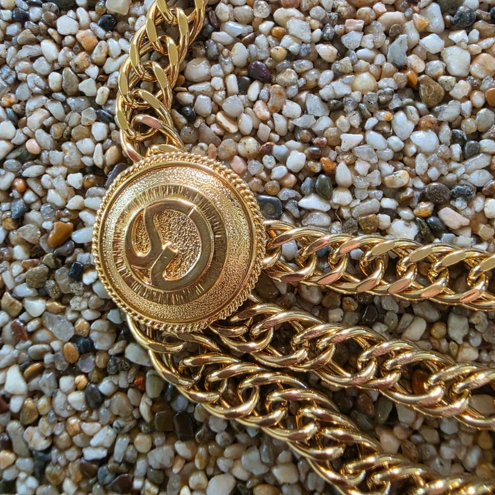 Vintage St John Gold Tone Medallion Multi Strand Curb Chain Belt SJ Logo